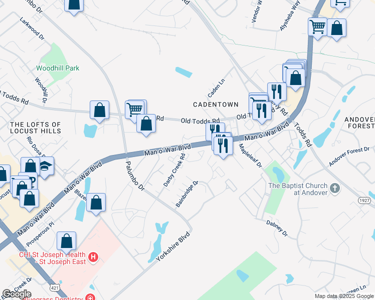 map of restaurants, bars, coffee shops, grocery stores, and more near 498 Darby Creek Road in Lexington