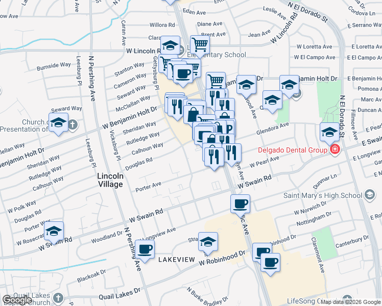 map of restaurants, bars, coffee shops, grocery stores, and more near 6250 Gettysburg Place in Stockton