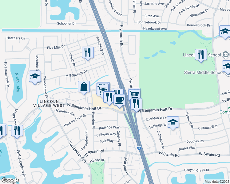 map of restaurants, bars, coffee shops, grocery stores, and more near 3268 Blue Ridge Circle in Stockton