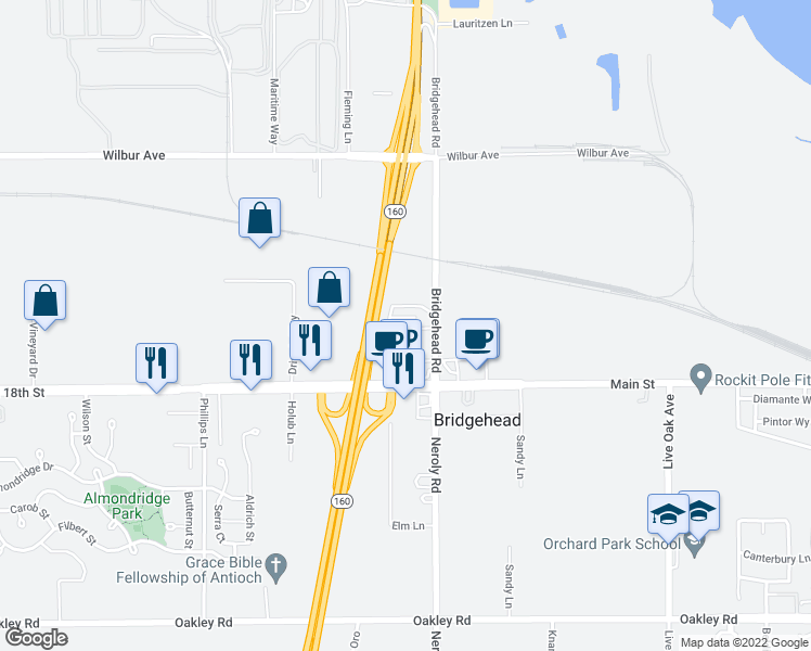 map of restaurants, bars, coffee shops, grocery stores, and more near 5751 Bridgehead Road in Oakley