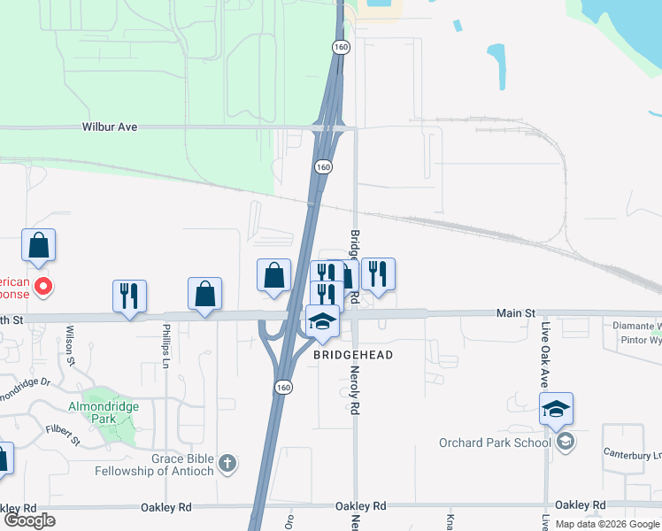 map of restaurants, bars, coffee shops, grocery stores, and more near 5751 Bridgehead Road in Oakley