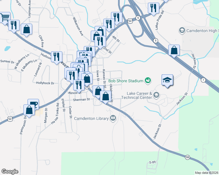 map of restaurants, bars, coffee shops, grocery stores, and more near 400-498 Roofener Street in Camdenton