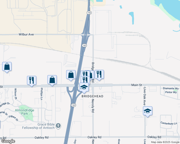 map of restaurants, bars, coffee shops, grocery stores, and more near 5751 Bridgehead Road in Oakley