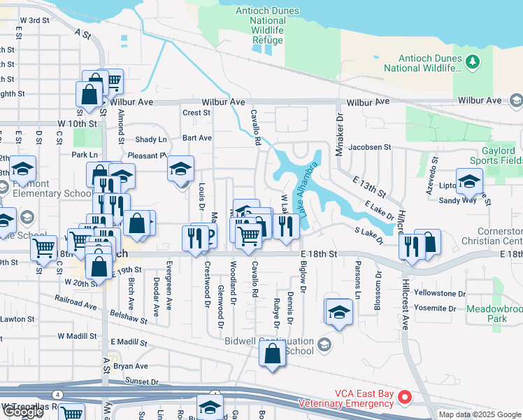 map of restaurants, bars, coffee shops, grocery stores, and more near 1617 Cavallo Road in Antioch