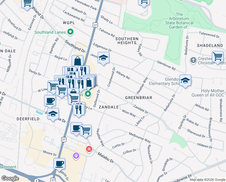 map of restaurants, bars, coffee shops, grocery stores, and more near 217 Zandale Drive in Lexington