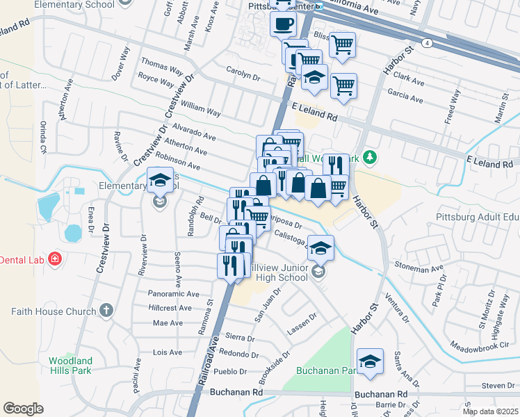 map of restaurants, bars, coffee shops, grocery stores, and more near 3105 Railroad Avenue in Pittsburg