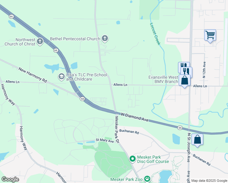 map of restaurants, bars, coffee shops, grocery stores, and more near 3011 Mesker Park Drive in Evansville