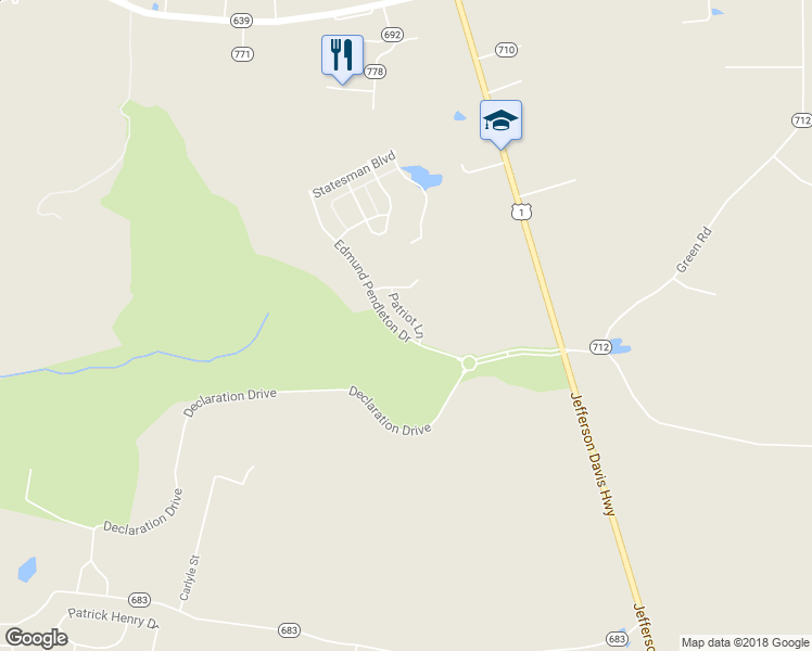 map of restaurants, bars, coffee shops, grocery stores, and more near 18462 Patriot Lane in Ruther Glen