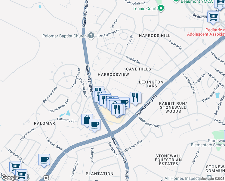 map of restaurants, bars, coffee shops, grocery stores, and more near 2176 Palomar Trace Drive in Lexington
