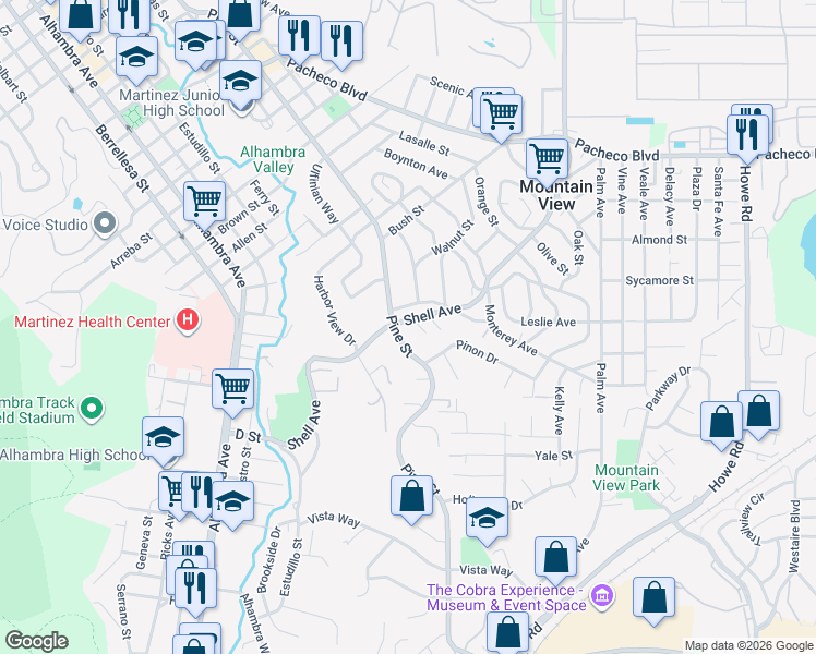 map of restaurants, bars, coffee shops, grocery stores, and more near 2301 Pine St in Martinez
