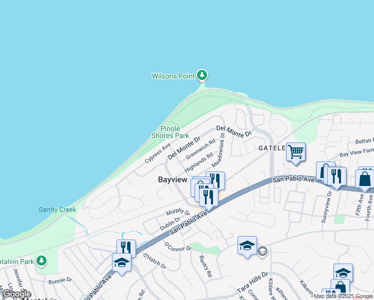 map of restaurants, bars, coffee shops, grocery stores, and more near 2260 Del Monte Drive in San Pablo