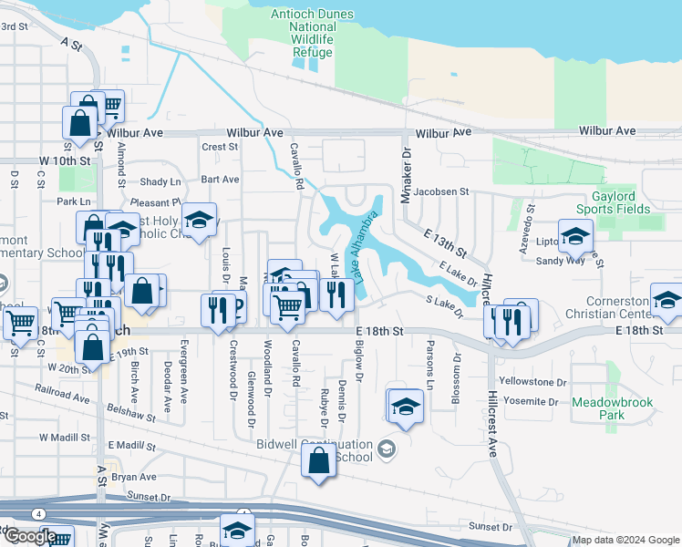 map of restaurants, bars, coffee shops, grocery stores, and more near 75 South Lake Drive in Antioch