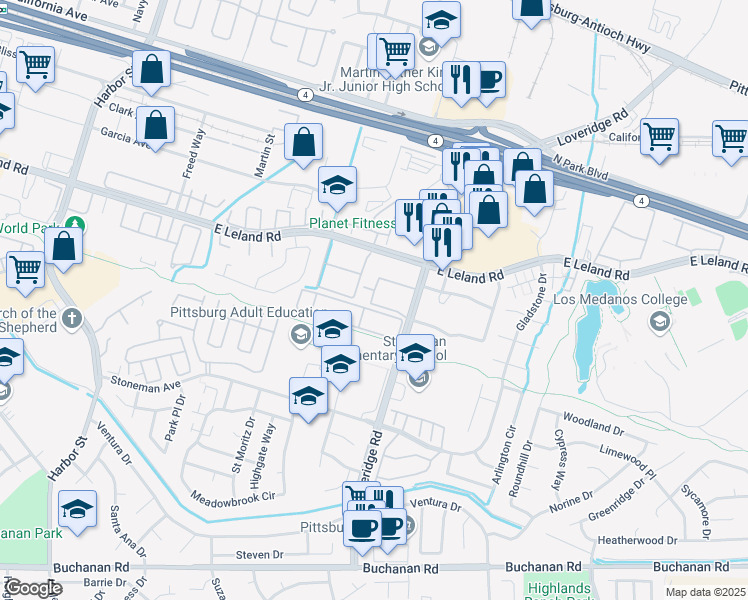 map of restaurants, bars, coffee shops, grocery stores, and more near 56 Loveridge Circle in Pittsburg