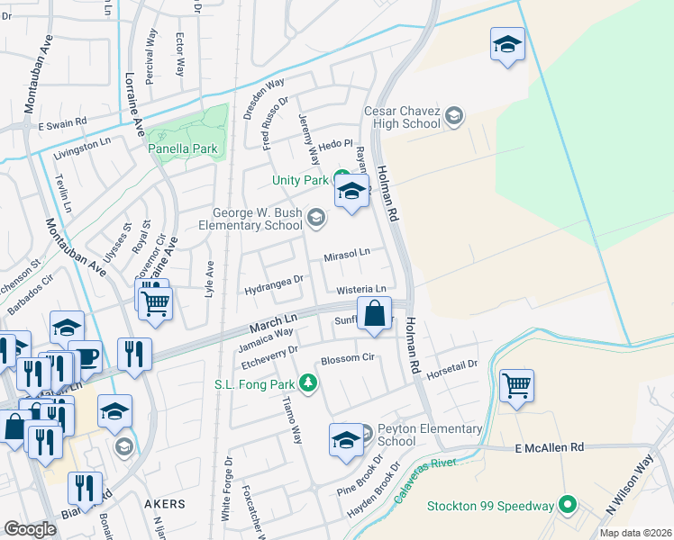 map of restaurants, bars, coffee shops, grocery stores, and more near 5247 Agapanthus Court in Stockton