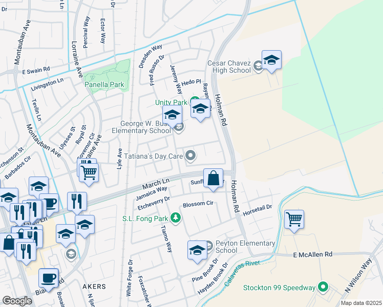 map of restaurants, bars, coffee shops, grocery stores, and more near 5247 Agapanthus Court in Stockton