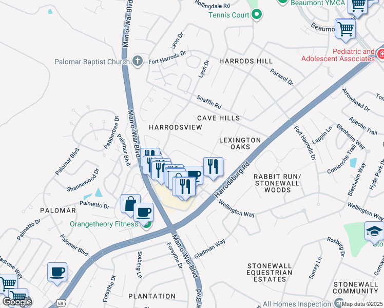 map of restaurants, bars, coffee shops, grocery stores, and more near 2145 Palomar Trace Drive in Lexington