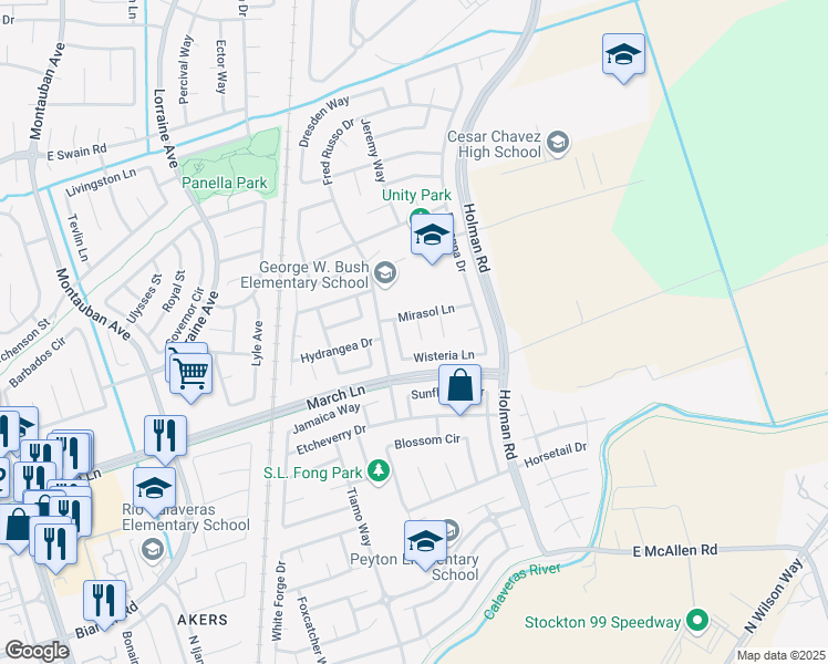map of restaurants, bars, coffee shops, grocery stores, and more near 5247 Agapanthus Court in Stockton