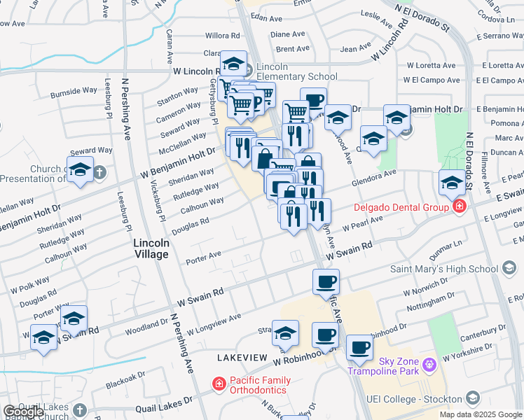 map of restaurants, bars, coffee shops, grocery stores, and more near 6250 Gettysburg Place in Stockton