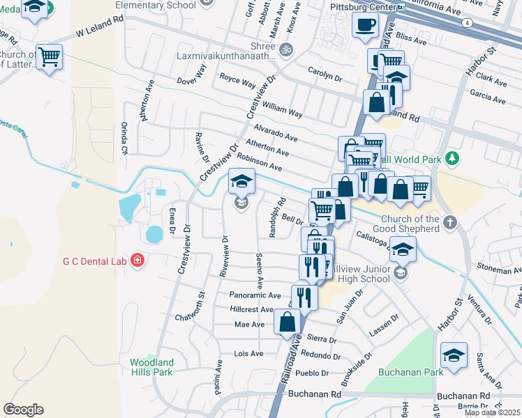 map of restaurants, bars, coffee shops, grocery stores, and more near 23 Seeno Avenue in Pittsburg