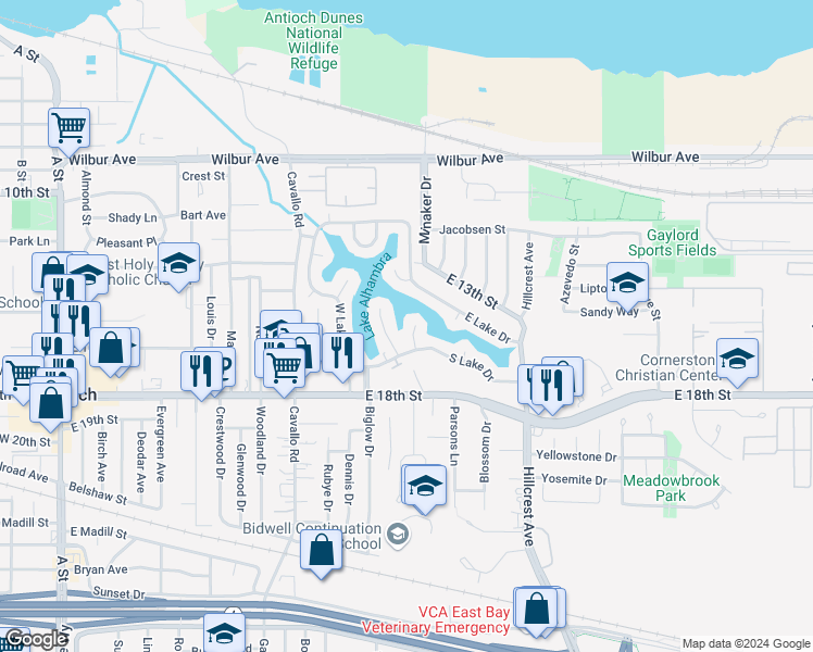 map of restaurants, bars, coffee shops, grocery stores, and more near 4 South Lake Court in Antioch