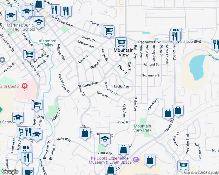 map of restaurants, bars, coffee shops, grocery stores, and more near 2381 Monterey Ave in Martinez