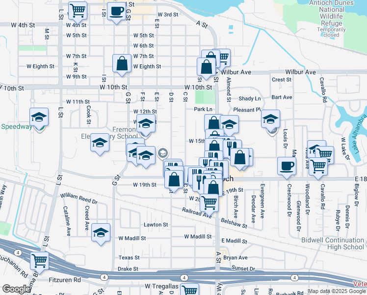 map of restaurants, bars, coffee shops, grocery stores, and more near 1510 C Street in Antioch