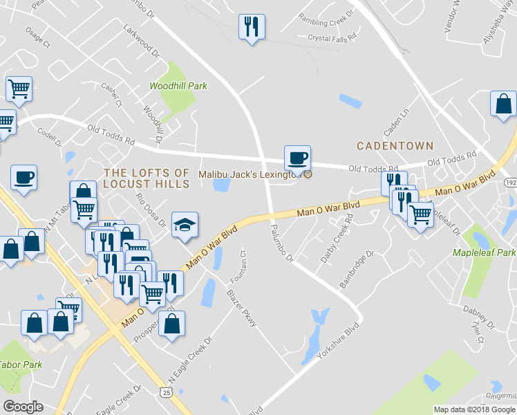 map of restaurants, bars, coffee shops, grocery stores, and more near 2770 Palumbo Drive in Lexington