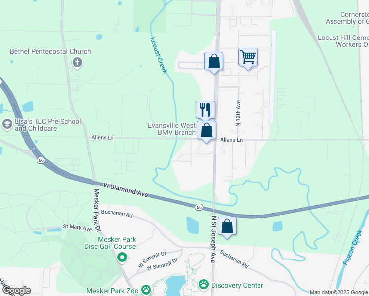 map of restaurants, bars, coffee shops, grocery stores, and more near 2519 Leisure Lane in Evansville