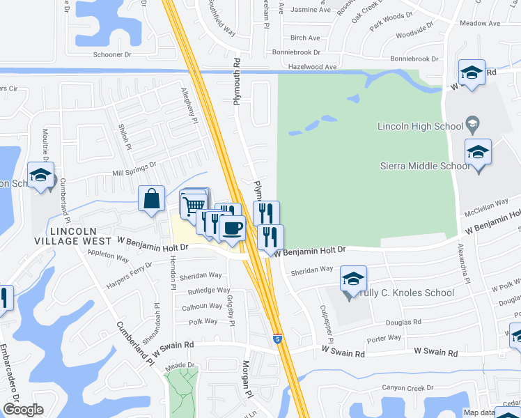 map of restaurants, bars, coffee shops, grocery stores, and more near 6724 Plymouth Road in Stockton