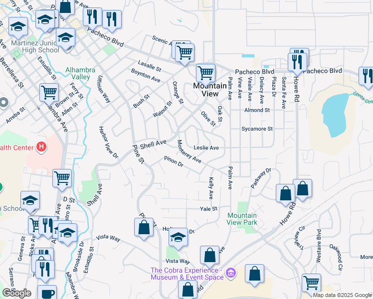 map of restaurants, bars, coffee shops, grocery stores, and more near 2381 Monterey Avenue in Martinez