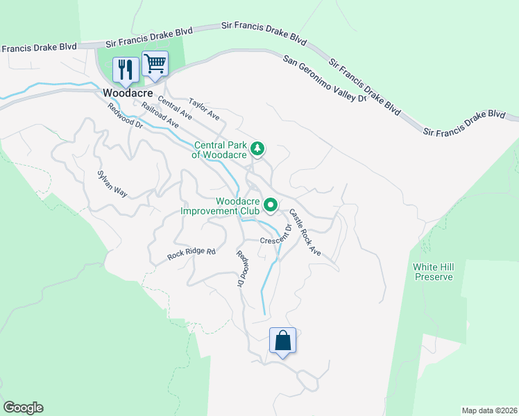 map of restaurants, bars, coffee shops, grocery stores, and more near 2 Garden Way in Woodacre