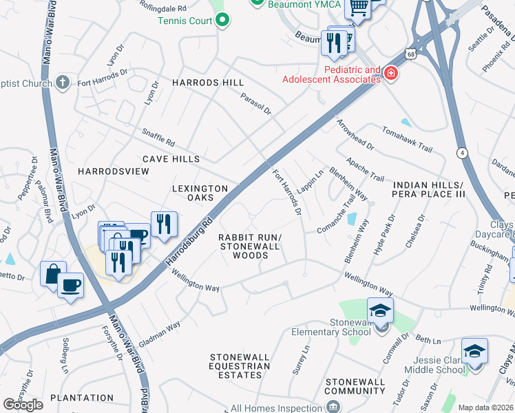 map of restaurants, bars, coffee shops, grocery stores, and more near 3505 Rabbits Foot Trail in Lexington