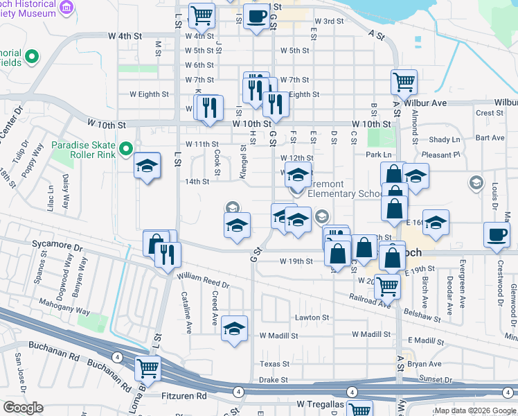 map of restaurants, bars, coffee shops, grocery stores, and more near 622 West 16th Street in Antioch