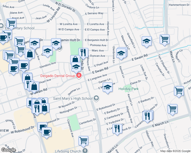 map of restaurants, bars, coffee shops, grocery stores, and more near 217 East Longview Avenue in Stockton