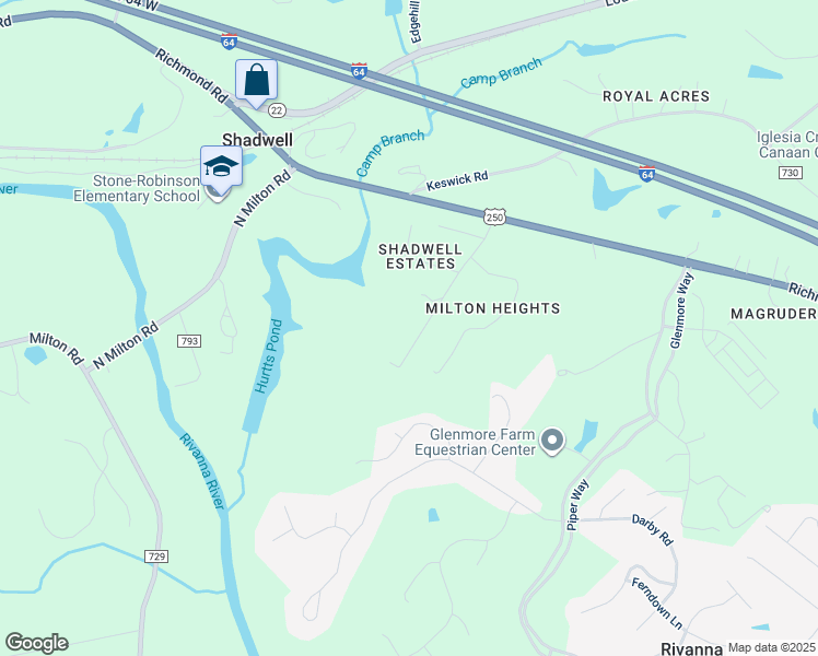 map of restaurants, bars, coffee shops, grocery stores, and more near 1020 Shadwell Road in Keswick