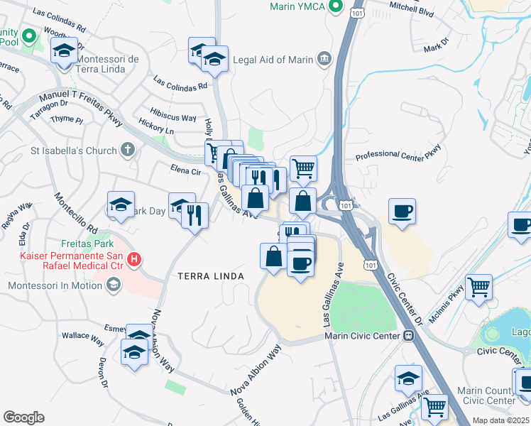 map of restaurants, bars, coffee shops, grocery stores, and more near 208 Northgate Drive in San Rafael
