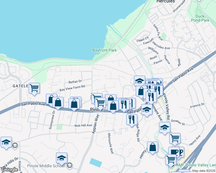 map of restaurants, bars, coffee shops, grocery stores, and more near 1764 Primrose Lane in Pinole