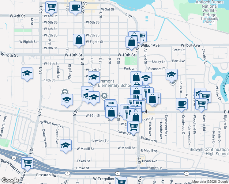 map of restaurants, bars, coffee shops, grocery stores, and more near 1511 D Street in Antioch