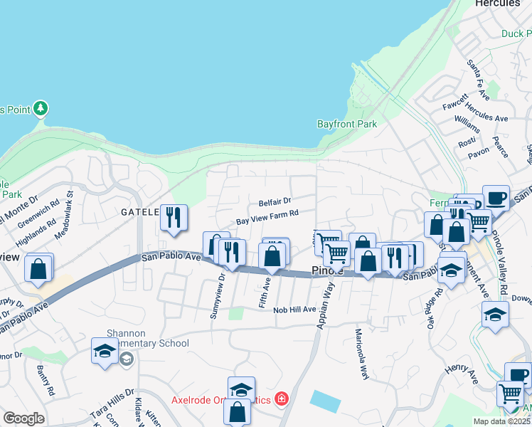 map of restaurants, bars, coffee shops, grocery stores, and more near 1160 Bay View Farm Rd in Pinole