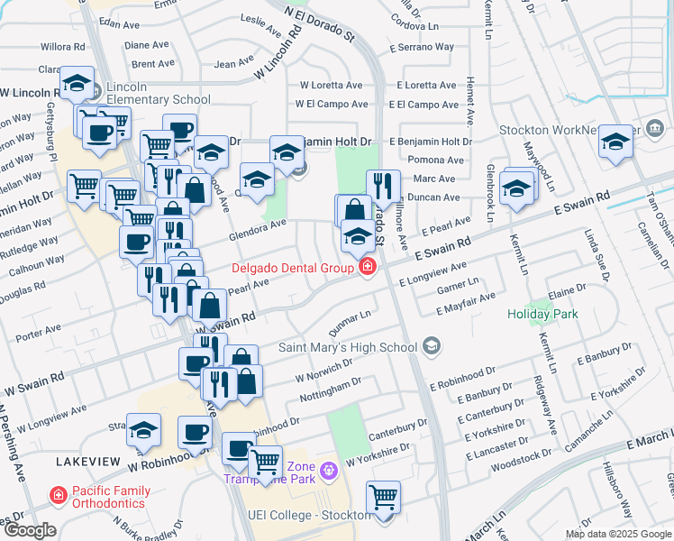 map of restaurants, bars, coffee shops, grocery stores, and more near 6015 Cresenda Avenue in Stockton