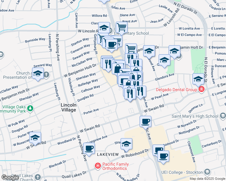 map of restaurants, bars, coffee shops, grocery stores, and more near 6250 Gettysburg Place in Stockton