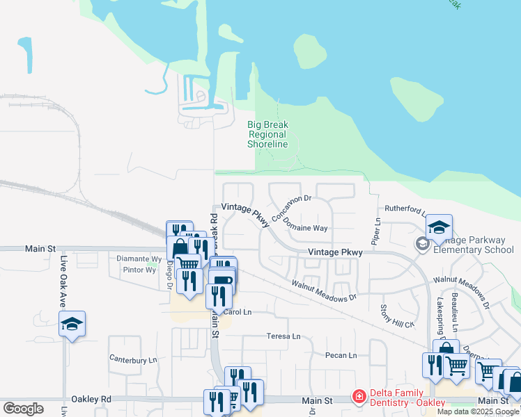 map of restaurants, bars, coffee shops, grocery stores, and more near 76 Ravenswood Court in Oakley