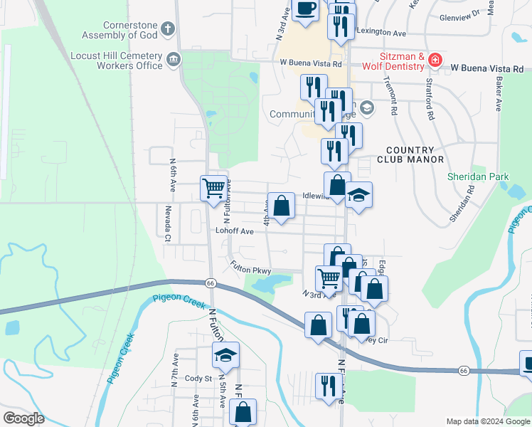 map of restaurants, bars, coffee shops, grocery stores, and more near 1001 Allens Lane in Evansville