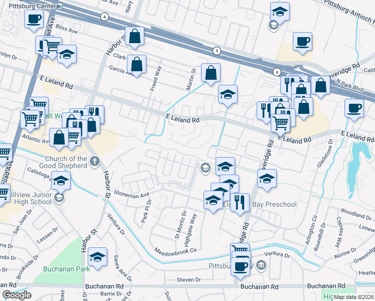 map of restaurants, bars, coffee shops, grocery stores, and more near 2243 Lynbrook Drive in Pittsburg