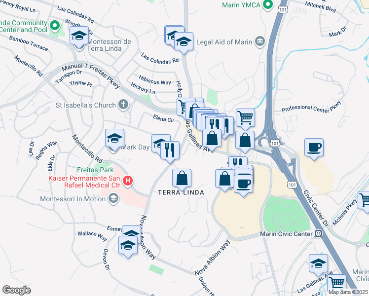 map of restaurants, bars, coffee shops, grocery stores, and more near 101 Nova Albion Way in San Rafael