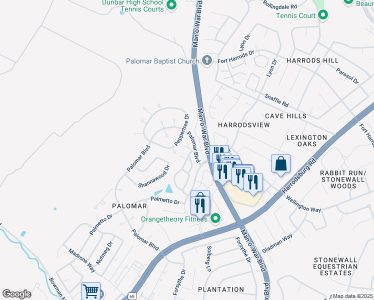 map of restaurants, bars, coffee shops, grocery stores, and more near 2201 Terrace Woods Court in Lexington