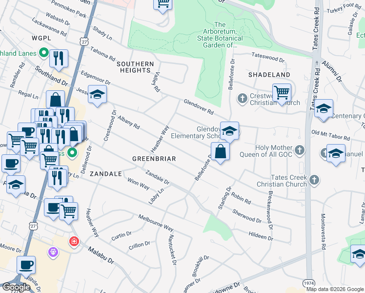 map of restaurants, bars, coffee shops, grocery stores, and more near 329 Albany Road in Lexington