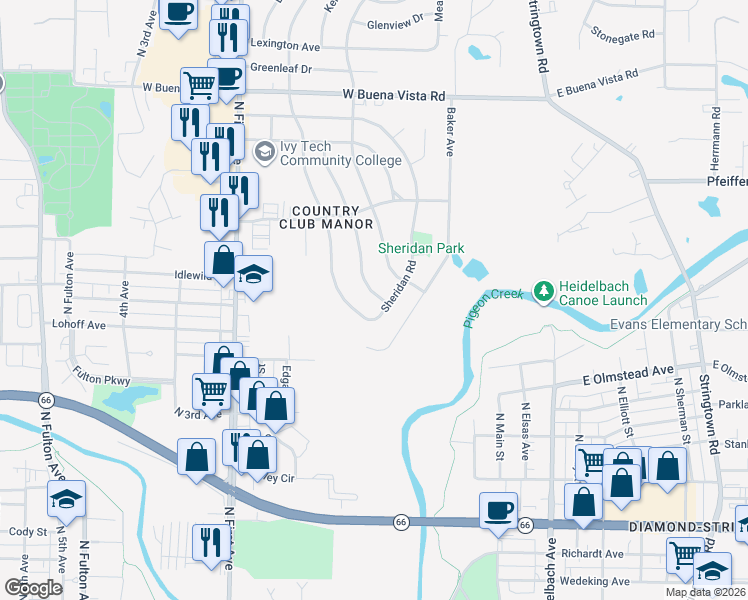 map of restaurants, bars, coffee shops, grocery stores, and more near 3104 Kensington Avenue in Evansville