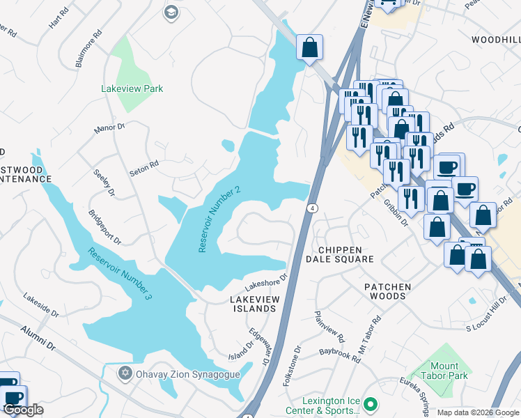 map of restaurants, bars, coffee shops, grocery stores, and more near 747 Lakeshore Drive in Lexington
