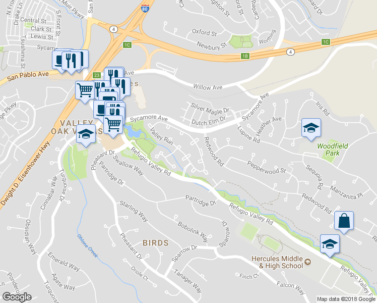 map of restaurants, bars, coffee shops, grocery stores, and more near 9 Moraine Court in Hercules